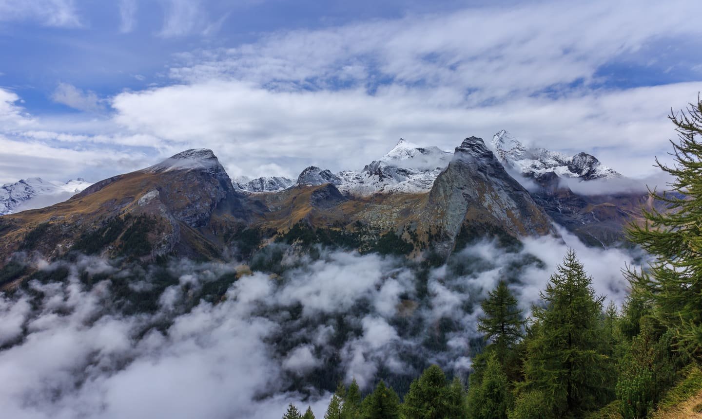 Peaks of the Gran Paradiso group rising above a layer of cloud