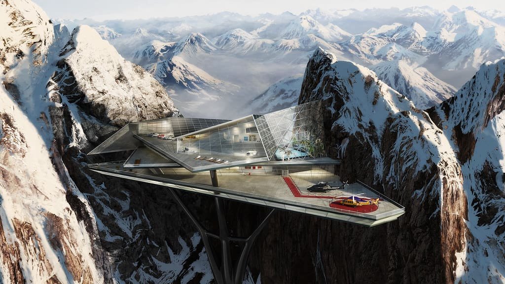 A glass viewing platform cantilevered from a high rock summit