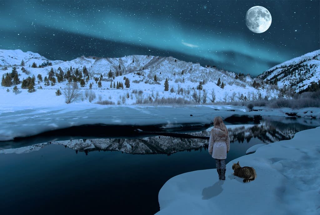 Moonlight over a frozen lake beneath snow-covered mountains